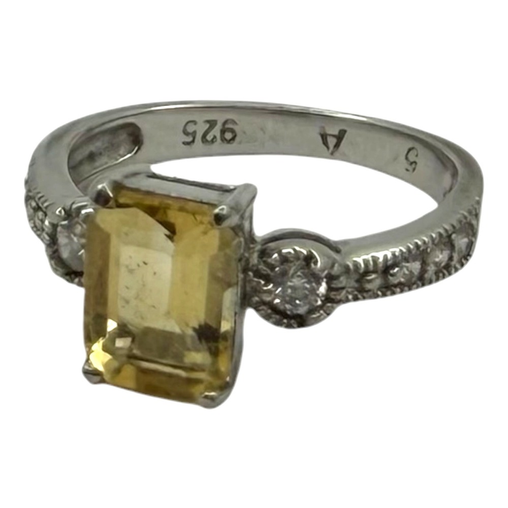 Vintage Ring 925 Sterling Silver Size 5 Citrine Emerald Cut